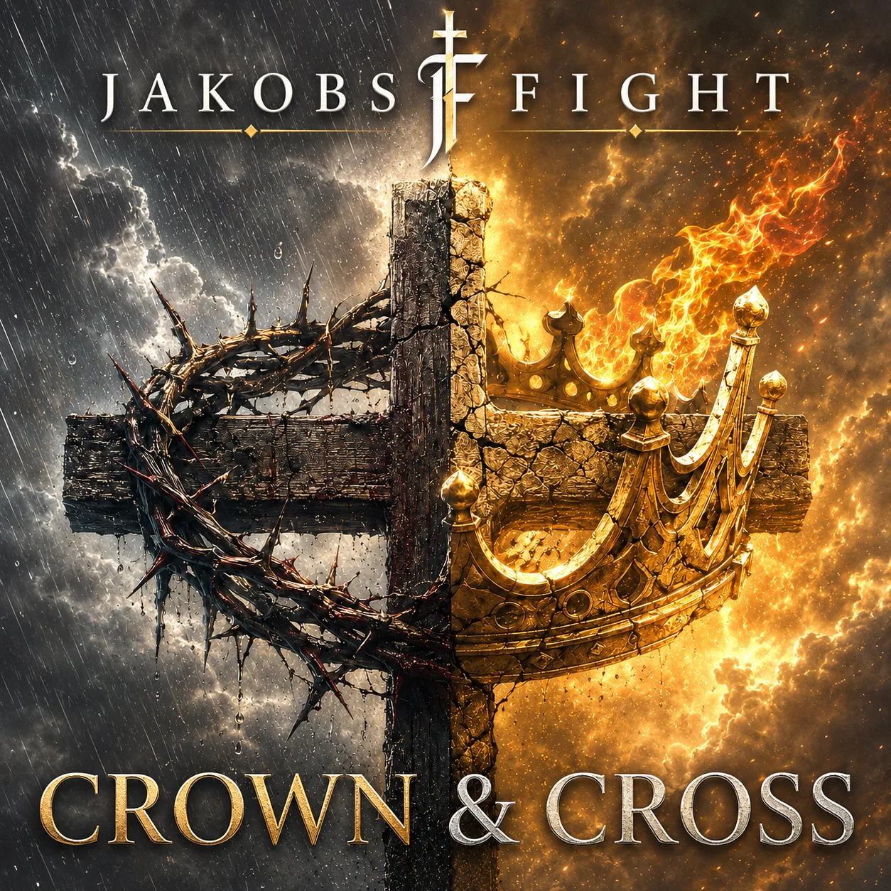 A crown joined to a cross, forged in storm and fire — Jakobs Fight artwork